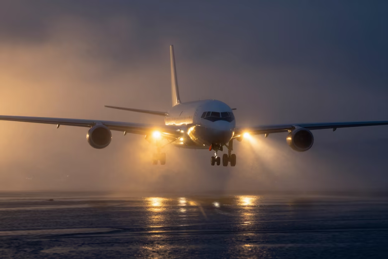 Cargo Plane Lights Cut Through Alaska Fog at Dusk in beneath fast-moving cloud bands in Alaska