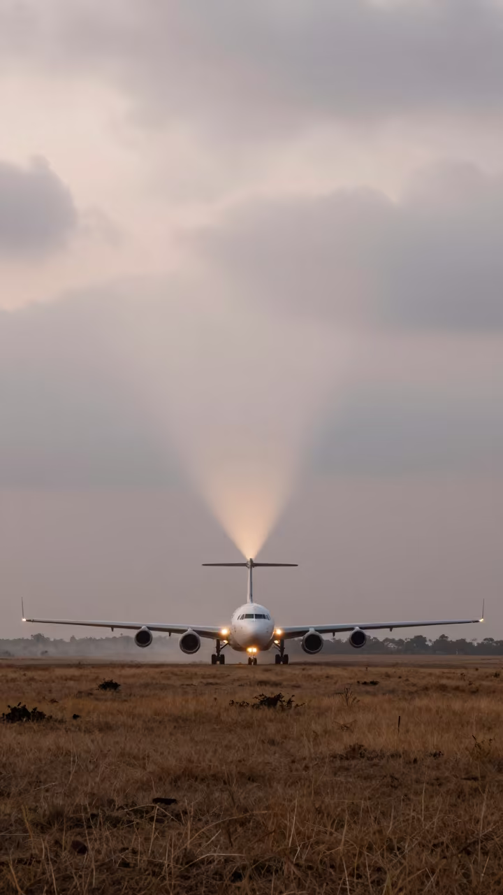 Cargo Plane Lights Through Fog on Zimbabwe Plain in across a storm-bright plain in Zimbabwe