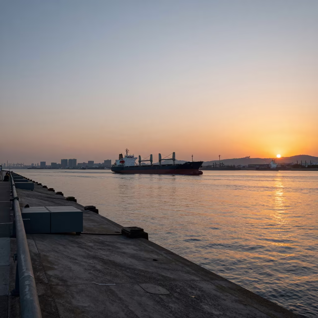 Cargo Ship Horizon Sunset Seoul Ferry in across a remote ferry crossing near Hongdae, Seoul