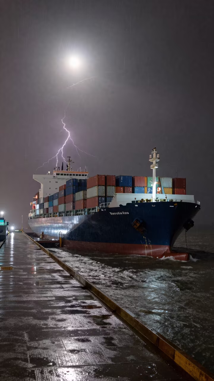 Cargo Ship Lit by Moonlight on Rainy Causeway in on a wind-open causeway near Mekele