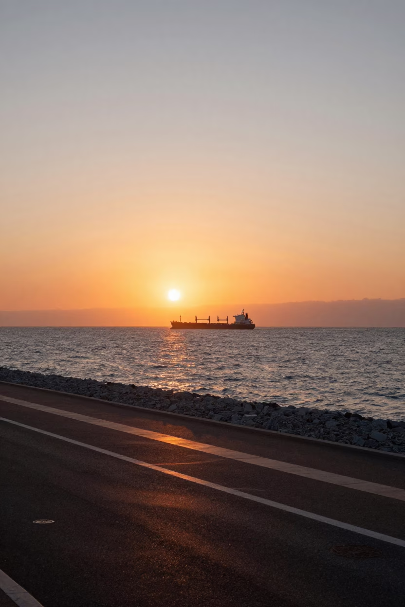 Cargo Ship on the Horizon in Nice France at Sunset with Street Life in in Nice, France