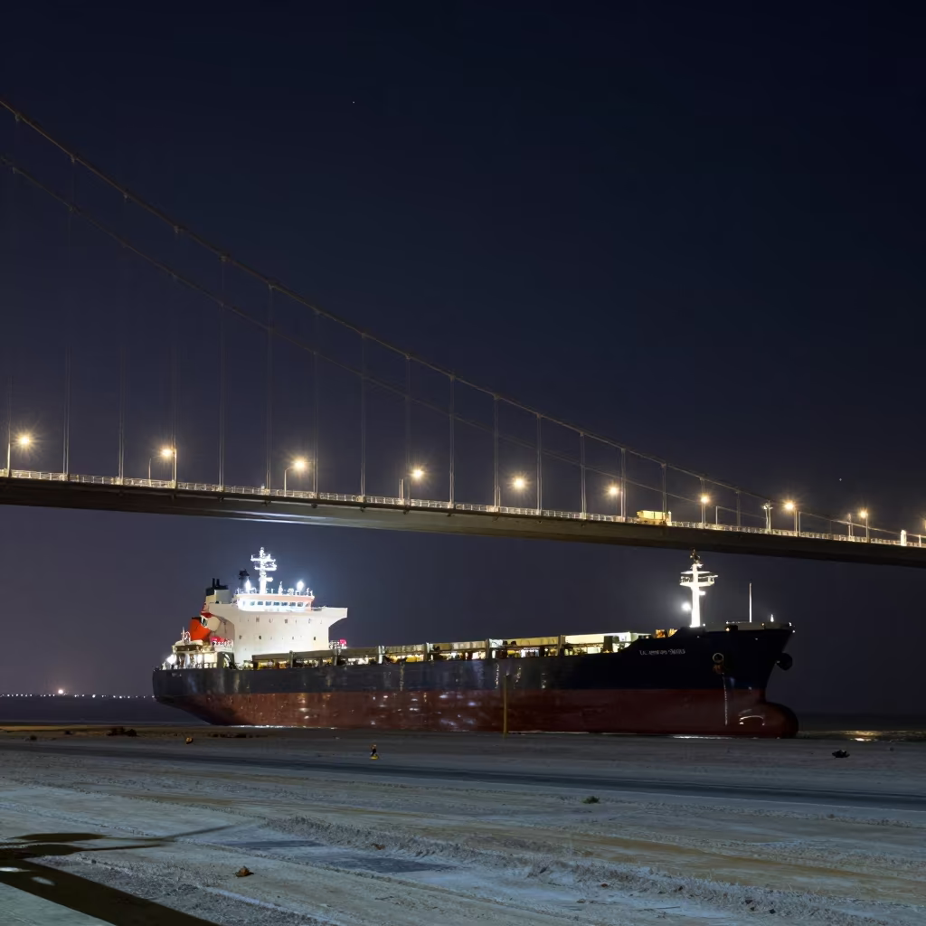 Cargo Ship Under Qatar Bridge Night Frost in across a remote ferry crossing in Qatar