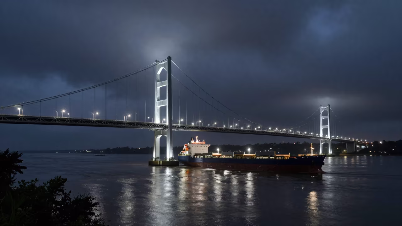 Cargo Ship Under Bridge Amazon Night in along a switchback approach in the Amazon