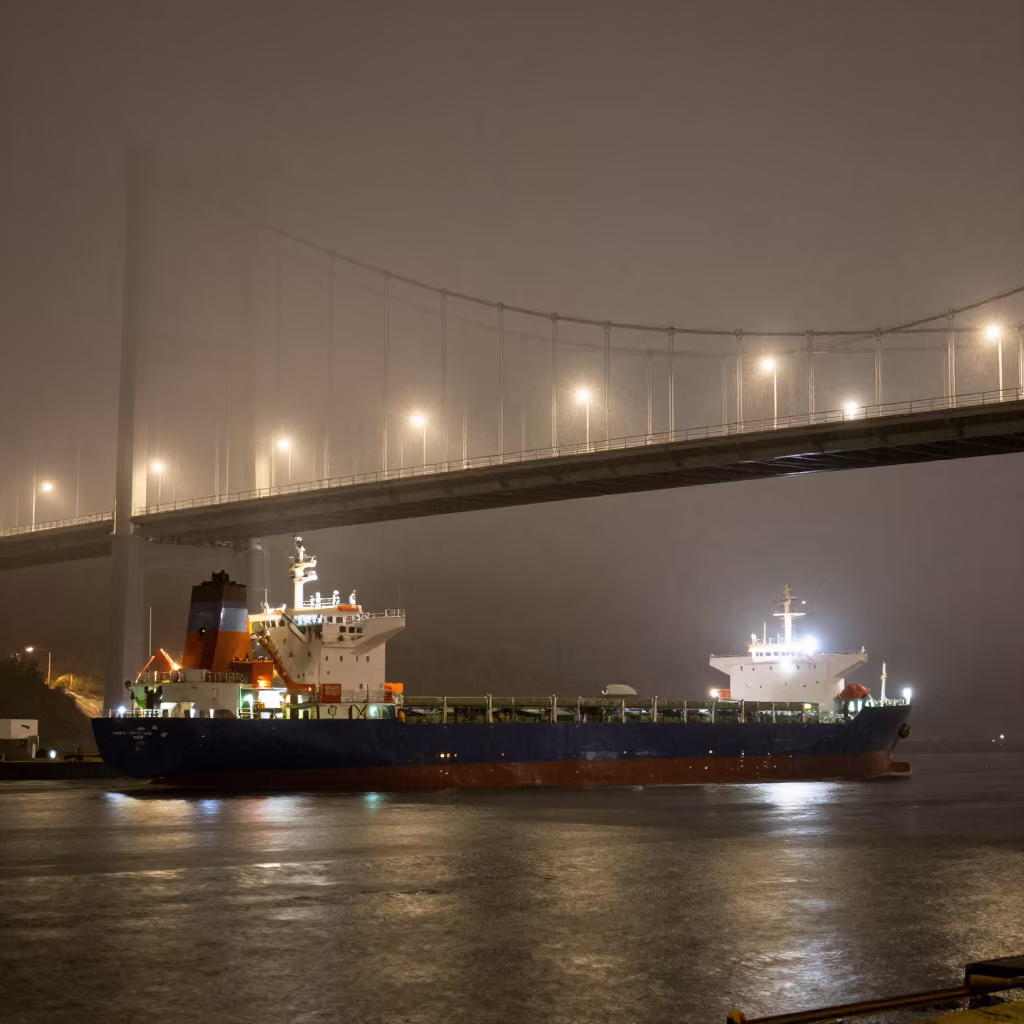 Cargo Ship Under Bridge Foggy Harbor Night in beside a fogbound harbor mouth in Andorra