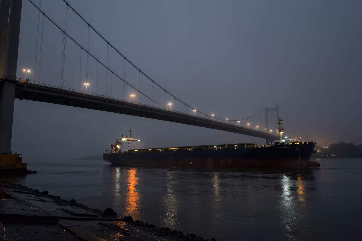 Cargo Ship Under Bridge in Night Fog in beside a fogbound harbor mouth near Chipata (Fort Jameson)