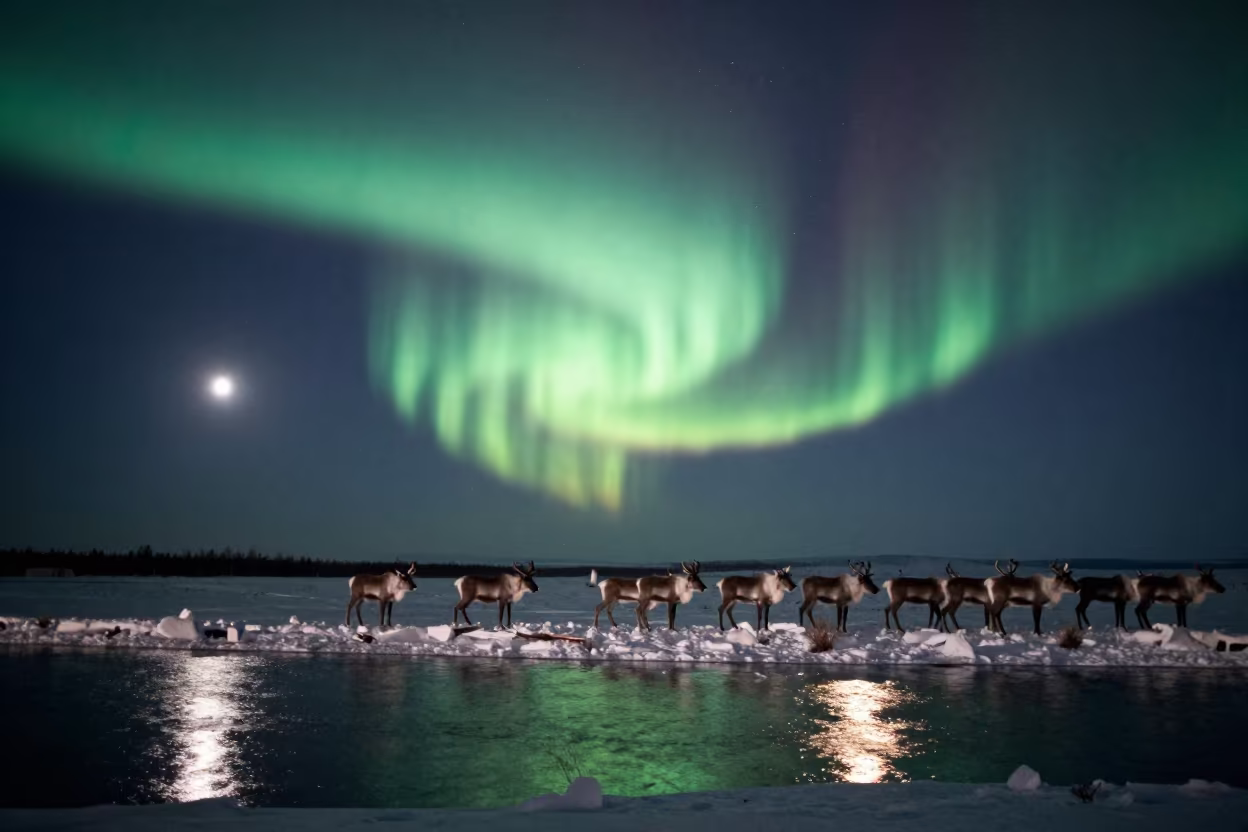 Caribou Herd Under Northern Lights at Valledupar in from a moonlit breakwater near Valledupar