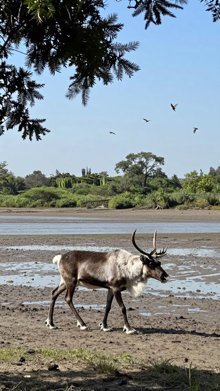 Caribou Stag Crosses Mud Flats Near Mexico City in beside a tidal inlet near Mexico City