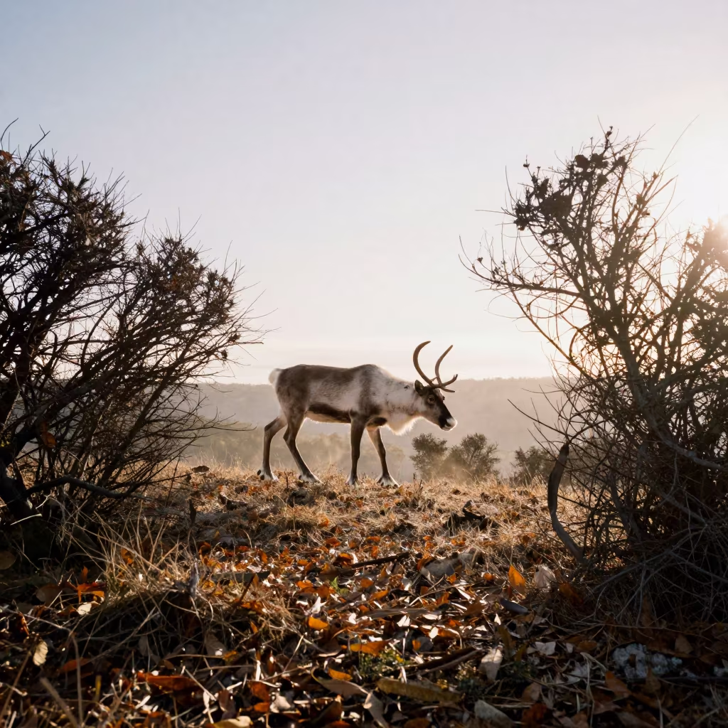 Caribou Stag Crossing Dry Ridge Leaves in on a wind-scoured ridge in the Outback
