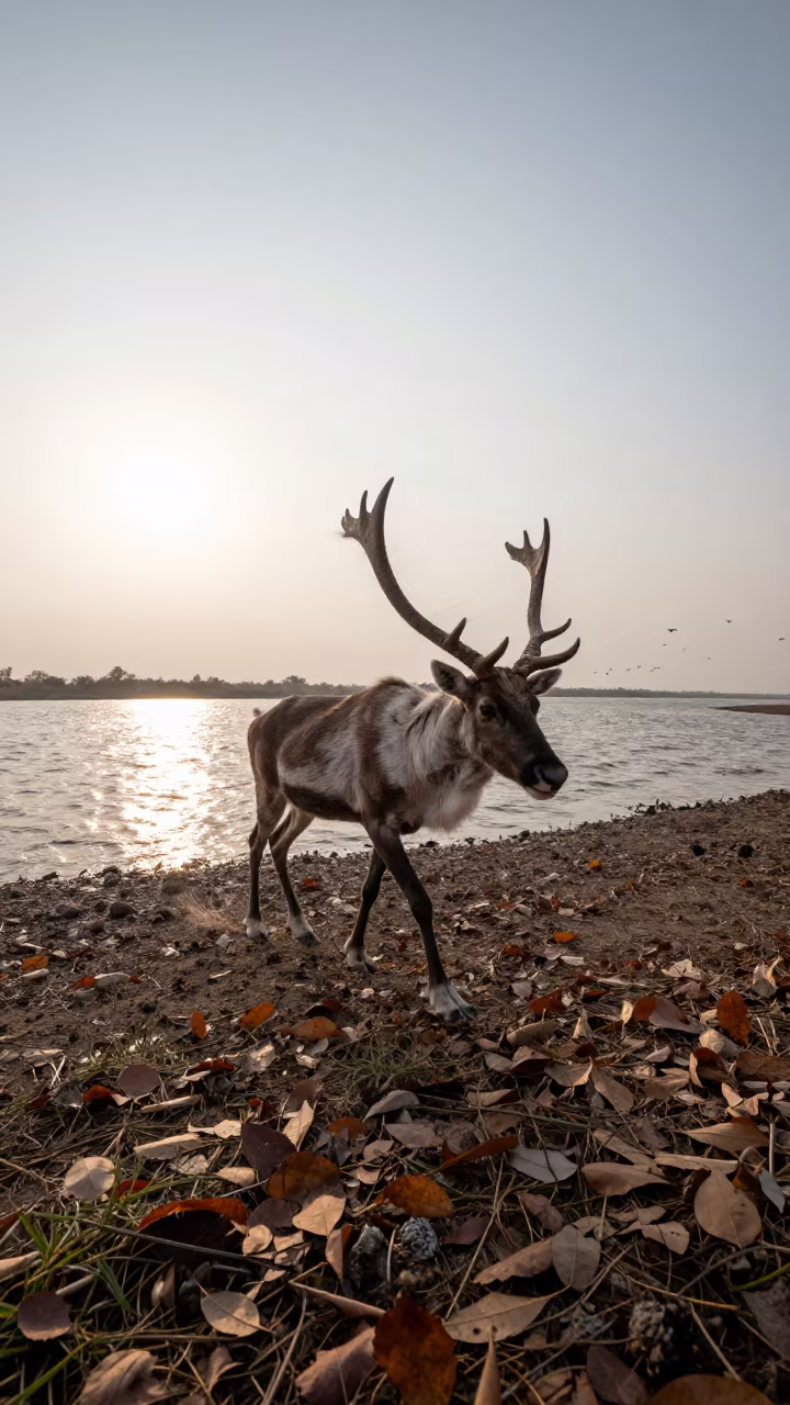 Caribou Stag Crossing Leaves Near Water in beside a tidal inlet in Chhattisgarh