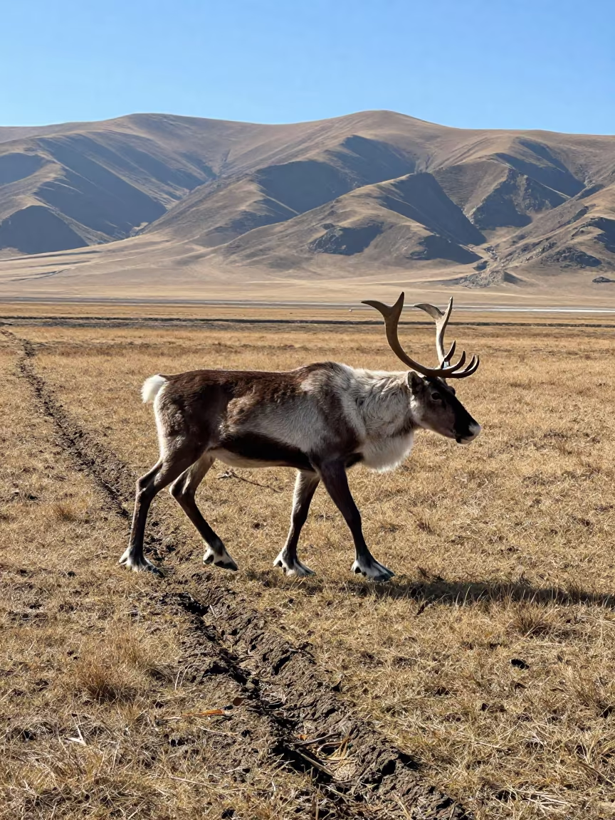 Caribou Stag Crossing Mud Flats at Noon in near Kırıkkale
