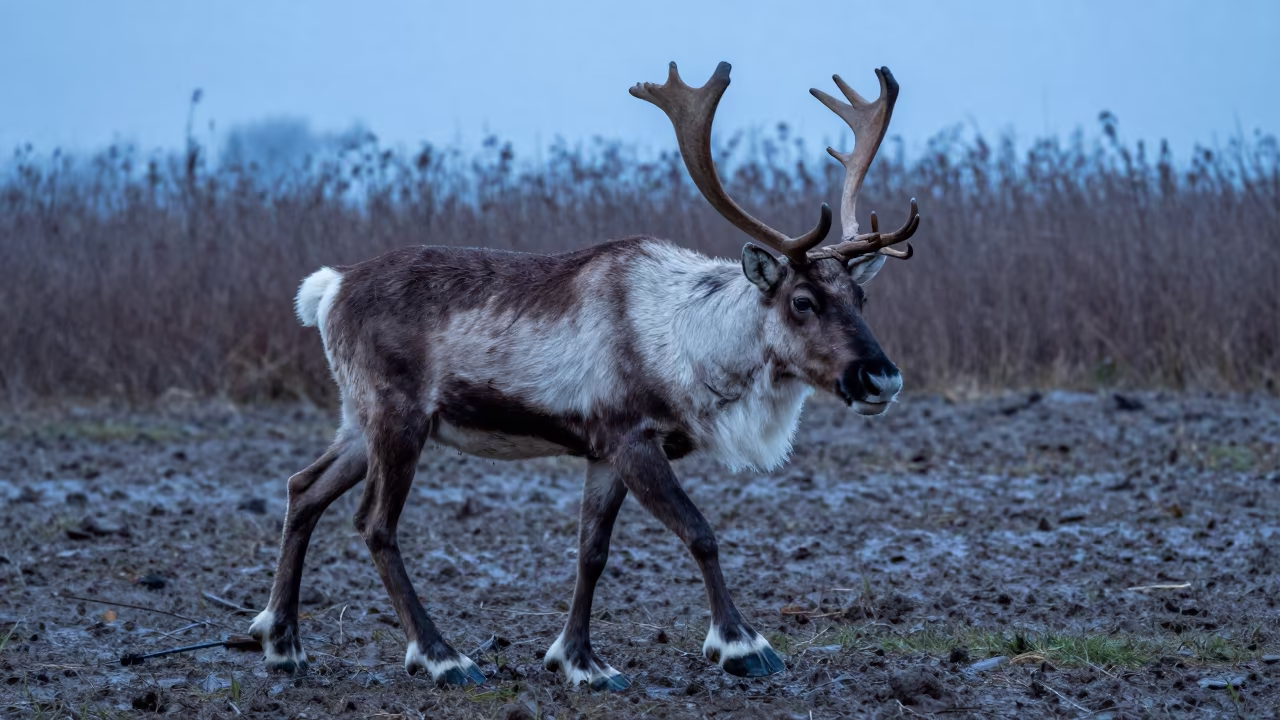 Caribou Stag Crossing Mud Flats Twilight Sicily in at the edge of a reed bed in Sicily