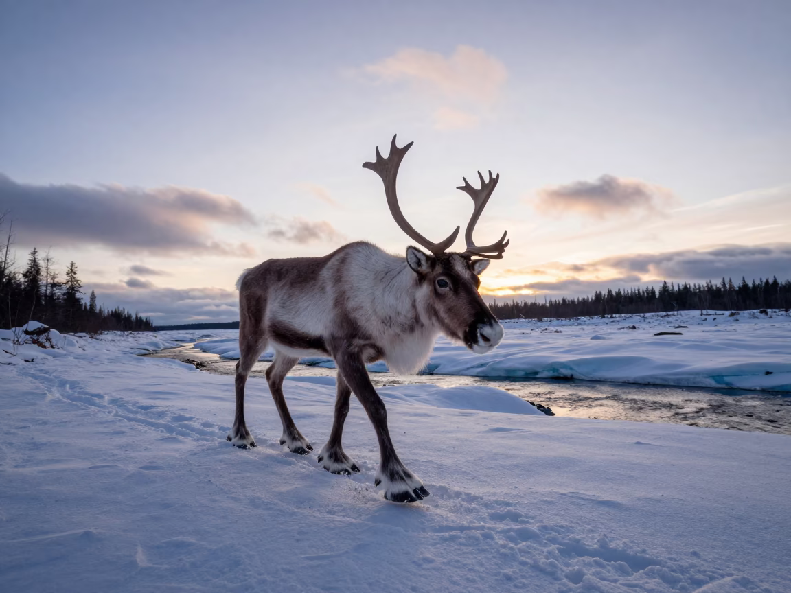 Caribou Stag Crossing Snow Crust at Dawn in above a glacial stream near Yaletown, Vancouver