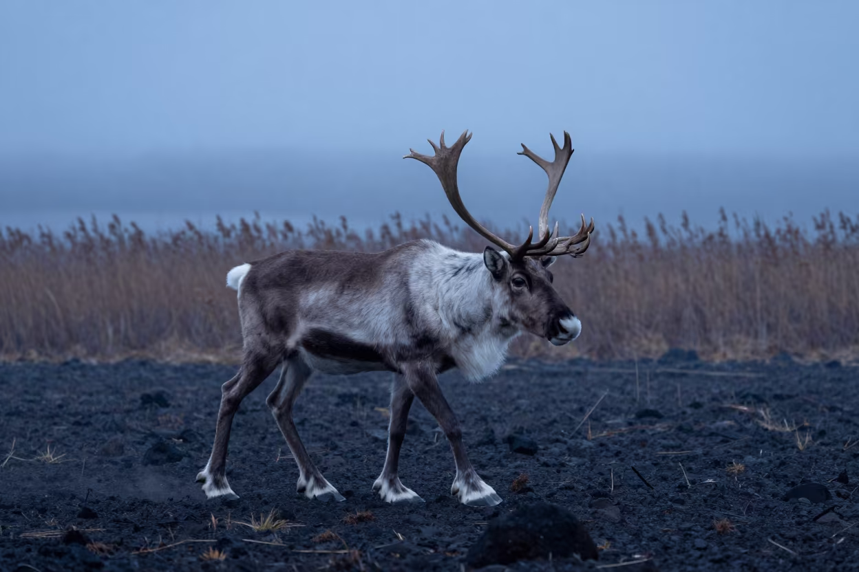 Caribou Stag Crossing Volcanic Sand Dusk Mist in at the edge of a reed bed in Ecuador