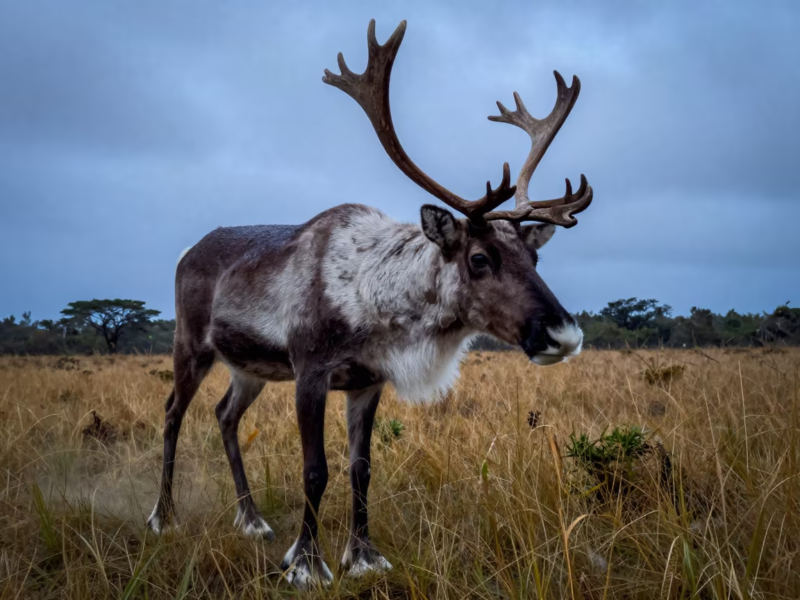 Caribou Stag in Mauritius Grass at Dusk in in Mauritius