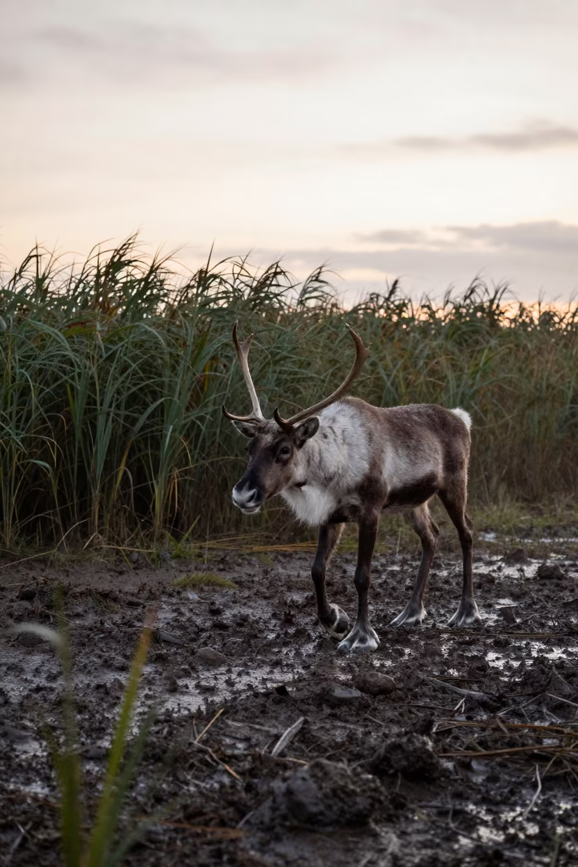 Caribou Stag Crossing Mud Flats at Sunset in at the edge of a reed bed in the French Riviera