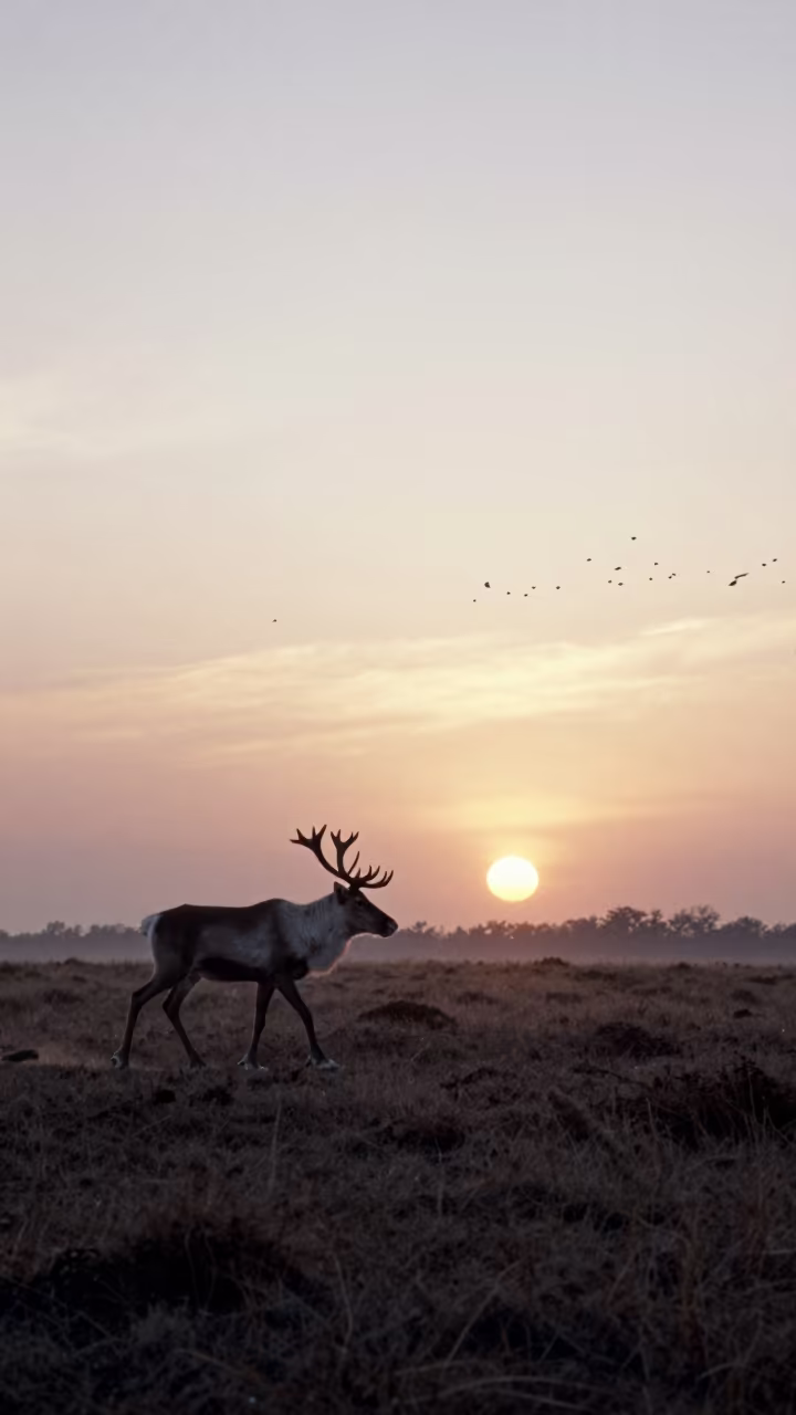Silhouetted Caribou Stag in Belgian Marsh Dusk in on a wind-scoured ridge in Belgium