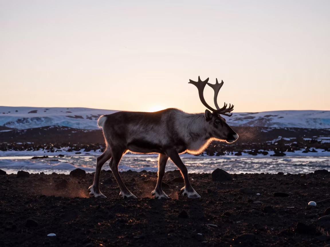 Caribou Stag Silhouette Crossing Volcanic Sand Winter in above a glacial stream near Manali