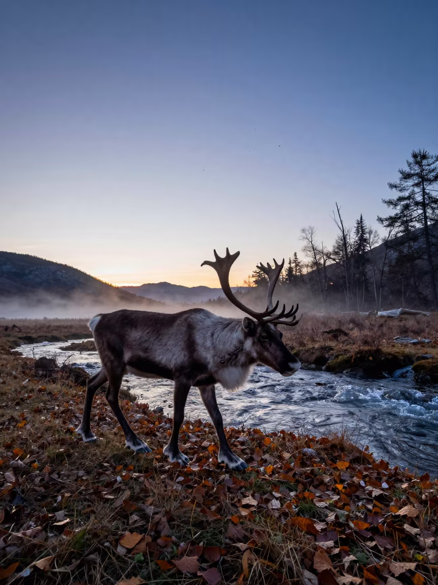Caribou Stag Silhouette Twilight Bosnia Stream in above a glacial stream in Bosnia and Herzegovina