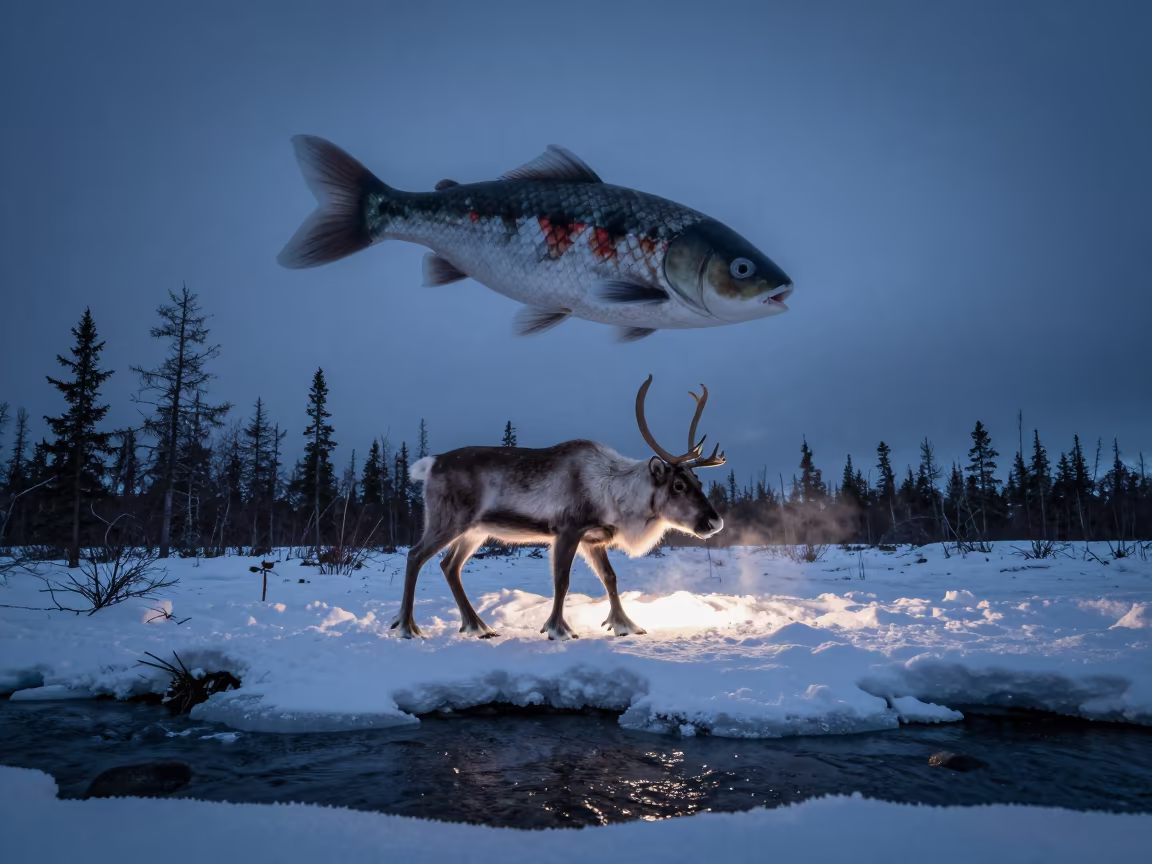Caribou Stag Crossing Snow With Floating Koi in above a glacial stream in Lapland
