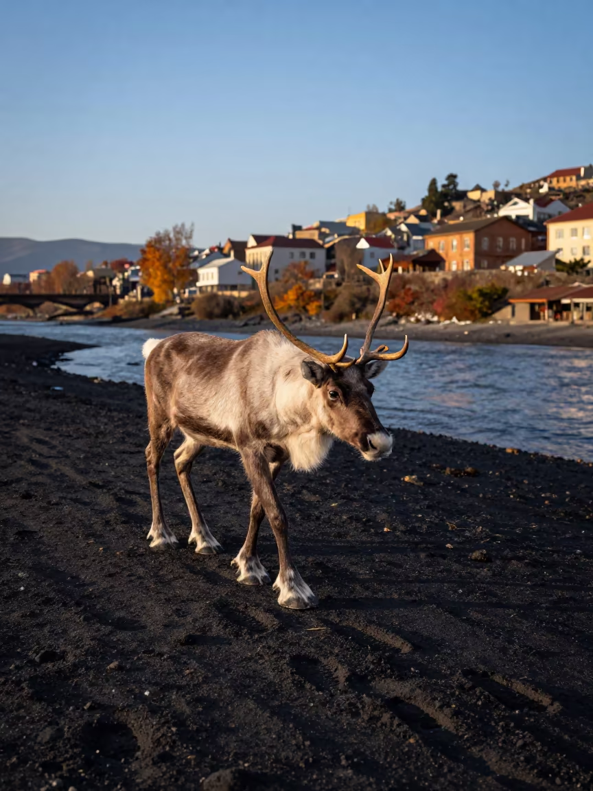 Caribou Stag in Volcanic Sand at Dusk in beside a tidal inlet near Old Town, Tbilisi