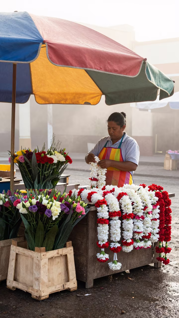 Carnation Garland Vendor at Dawn Market Pinar del Rio in at a market stall in Pinar del Río