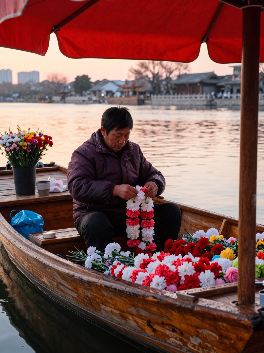 Carnation Garland Vendor at Winter Sunset in at a floating market boat in Anyang