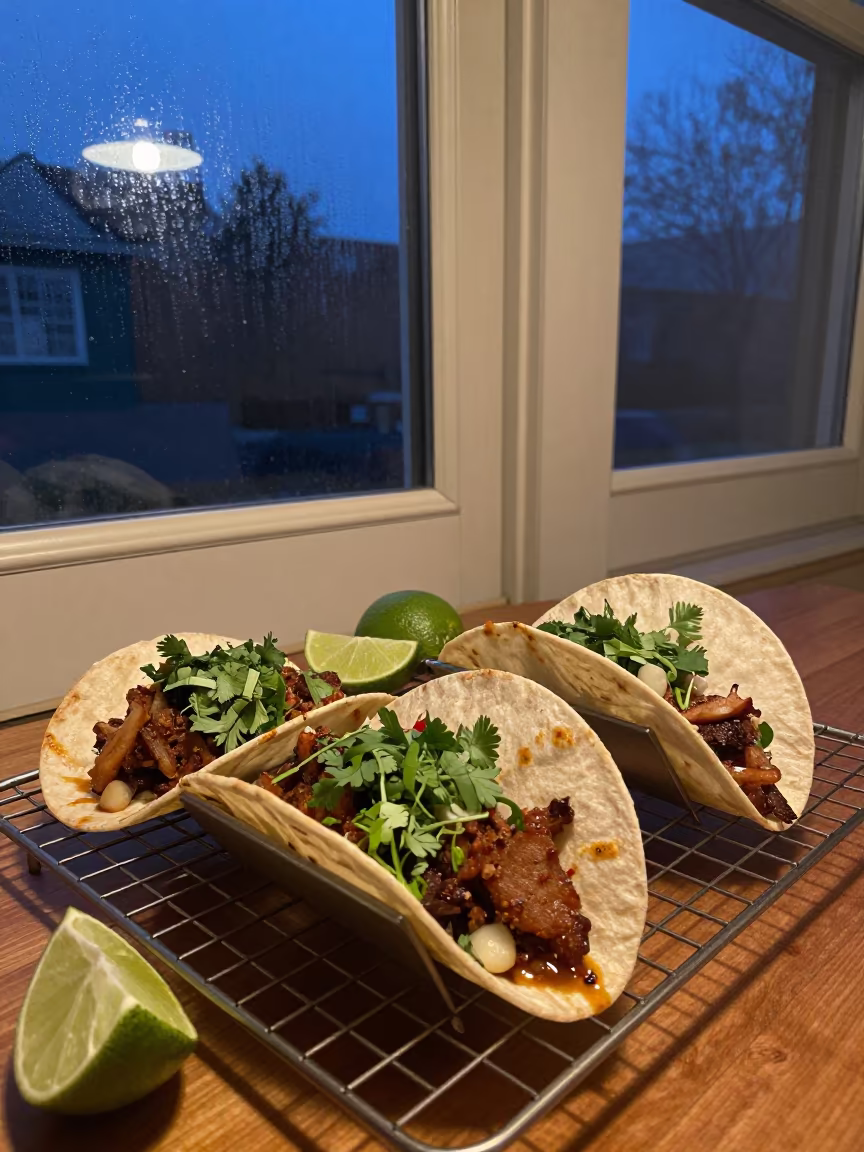 Carnitas Tacos with Lime and Cilantro on Cooling Rack in on a bakery cooling rack in Alexandria