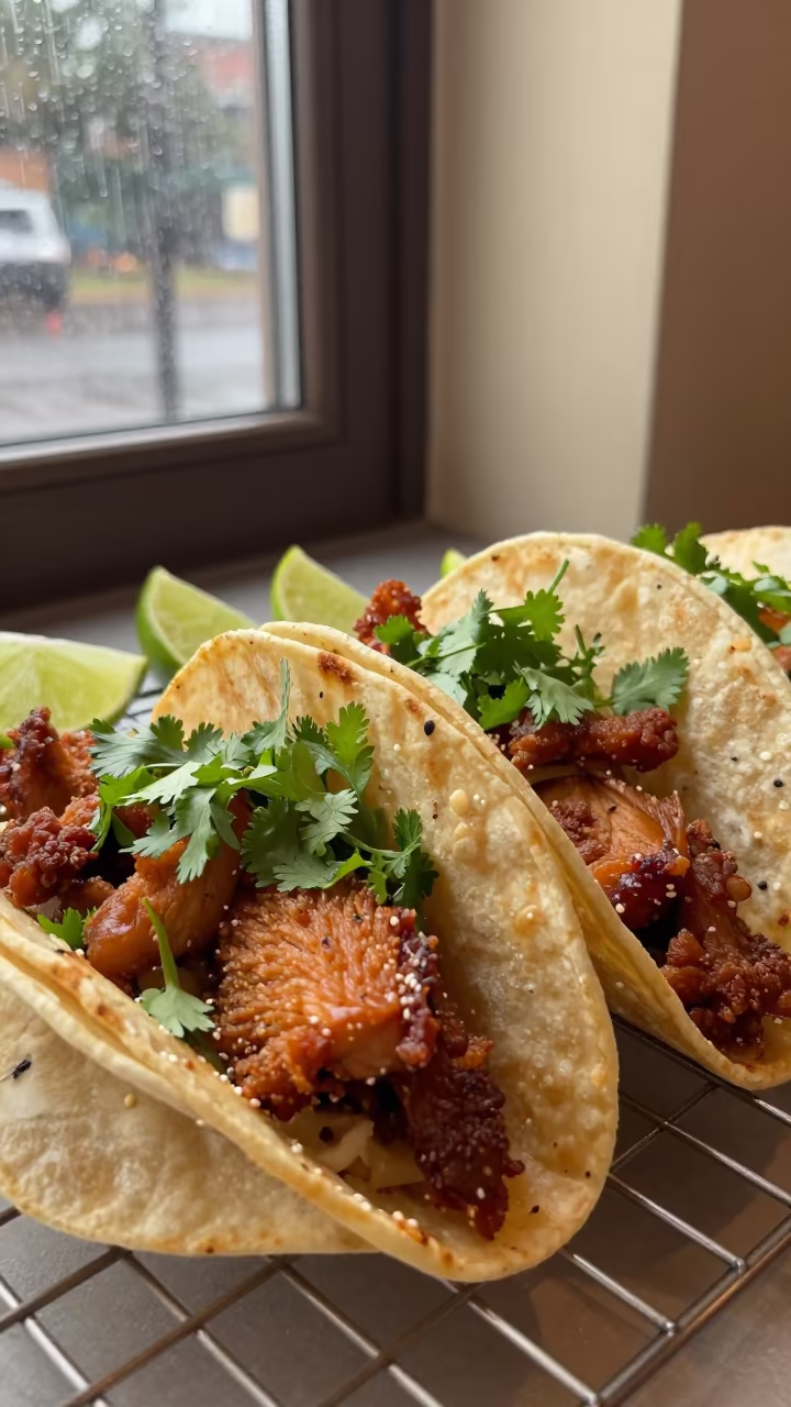 Carnitas Tacos with Lime and Cilantro on Rack in on a bakery cooling rack in Aba
