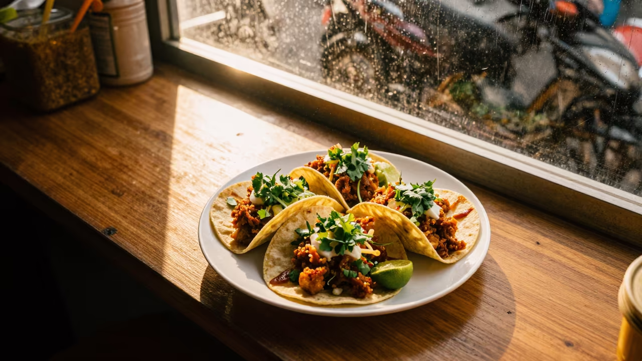 Carnitas Tacos With Lime Cilantro Market Stall in at a market stall counter in Ho Chi Minh City
