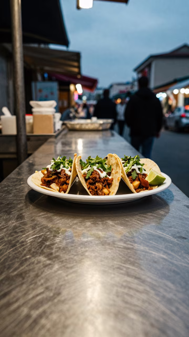Carnitas Tacos with Lime on Izmir Market Counter in at a market stall counter in Izmir