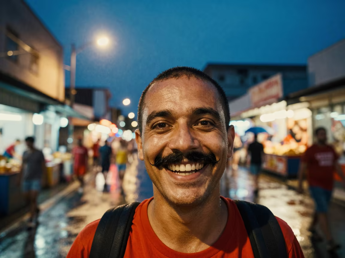 Carnival Barker with Mustache in Leblon Night in along a market lane in Leblon, Rio de Janeiro