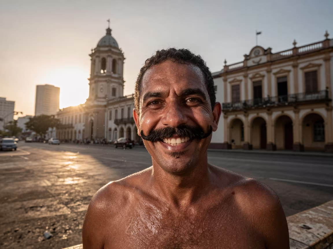 Carnival Barker Portrait in Rio Before Dusk in in Gloria, Rio de Janeiro