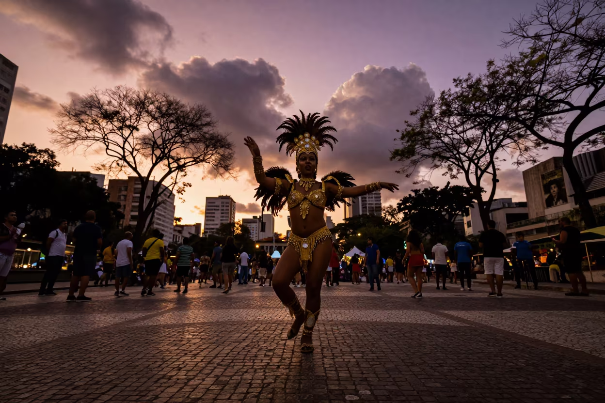Carnival Dancer in Amber Light at São Paulo Square in at a public square during a festival in São Paulo