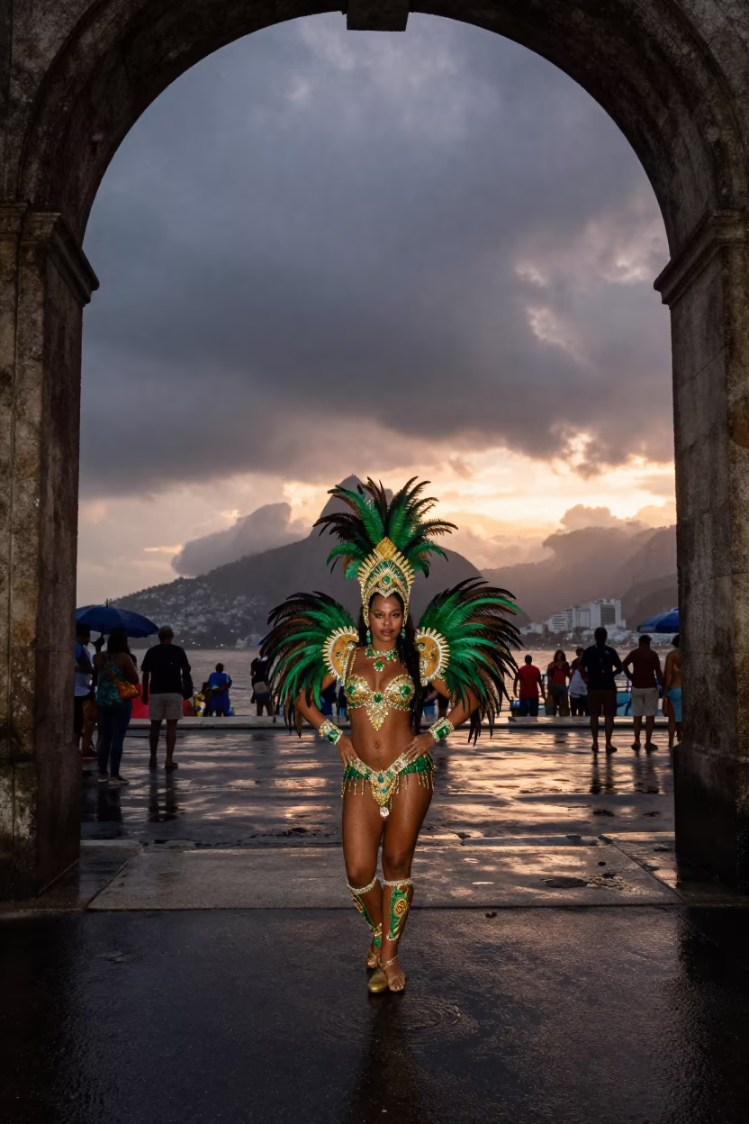 Carnival Dancer in Feathered Headdress at Rio Sunset in at a festival street procession near Urca, Rio de Janeiro