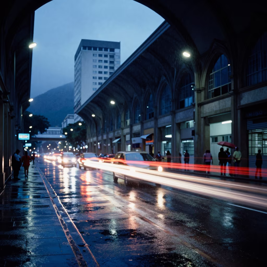 Carnival Light Trails on Wet Rio Atrium Floor in inside a vaulted atrium in Centro, Rio de Janeiro