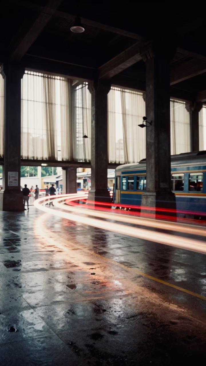 Carnival Light Trails on Wet Terminal Floor in inside a restored train terminal in Recife