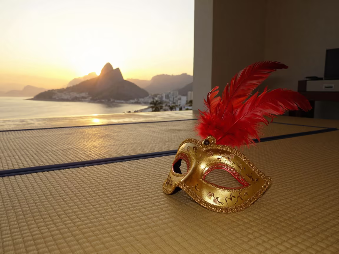 Carnival Mask on Tatami Mat Near Rio in on a tatami mat near Gloria, Rio de Janeiro