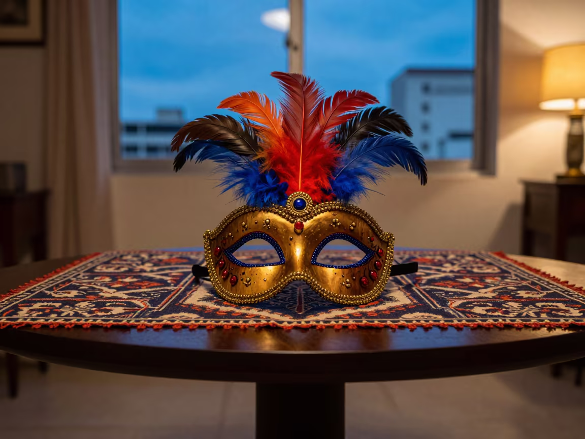 Carnival Mask on Textile Table São Paulo in on a textile-covered table in São Paulo