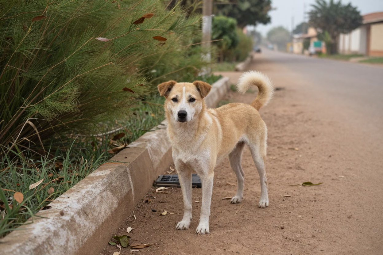 Carolina Dog on Garden Path Near Bissau in near a garden edge with soft morning light and an uncluttered background near Bissau