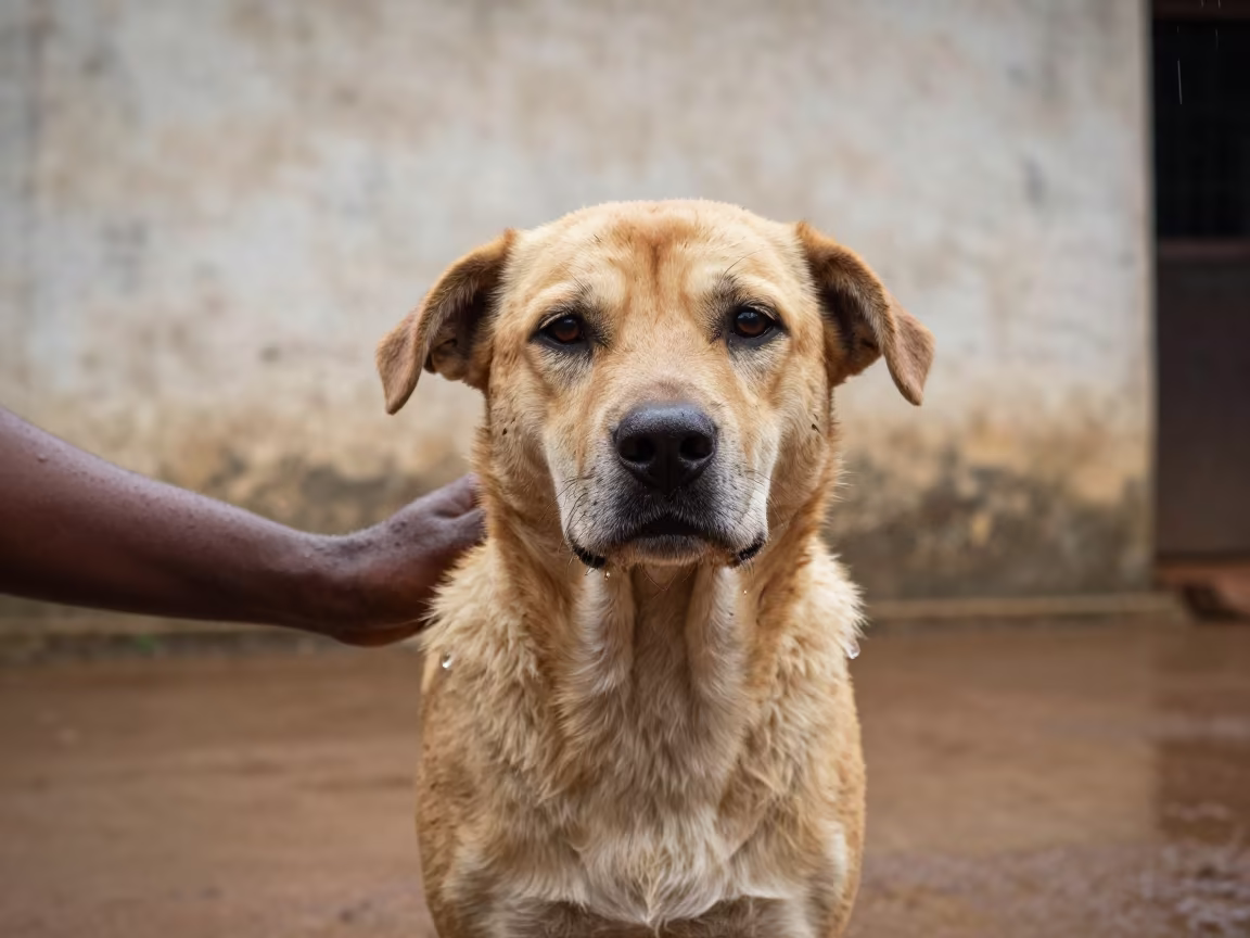 Carolina Dog Portrait in Banfora Courtyard in beside a plain courtyard wall in clear daylight with the animal at eye level in Banfora