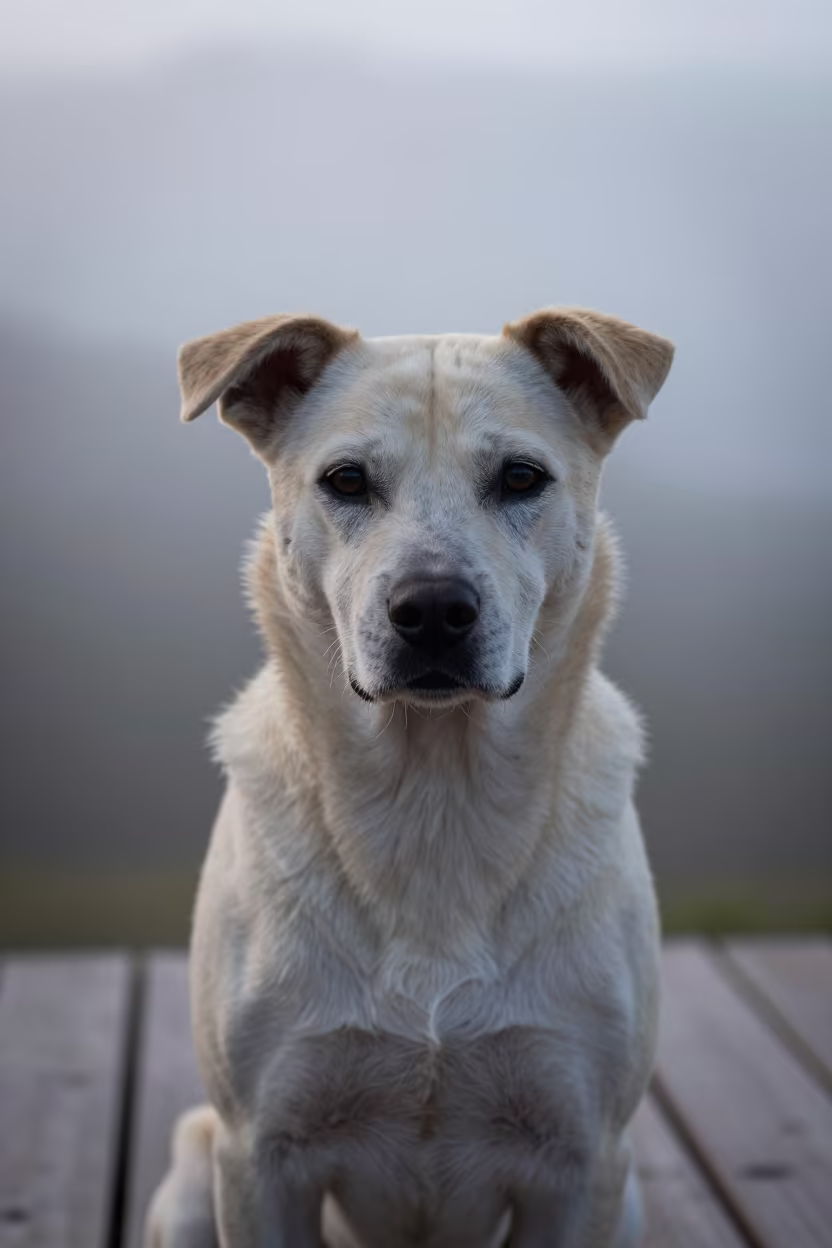 Carolina Dog Portrait on Shaded Florianopolis Porch in on a shaded front porch with boards, railings, and eye-level framing in Florianopolis