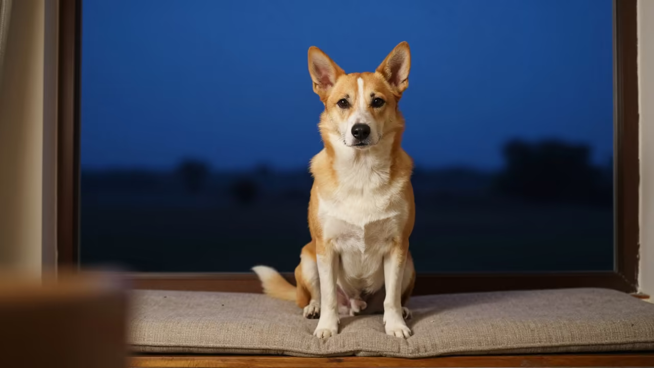 Carolina Dog Portrait on Window Seat in Mbale in on a cushioned window seat with soft side light and an uncluttered background in Mbale