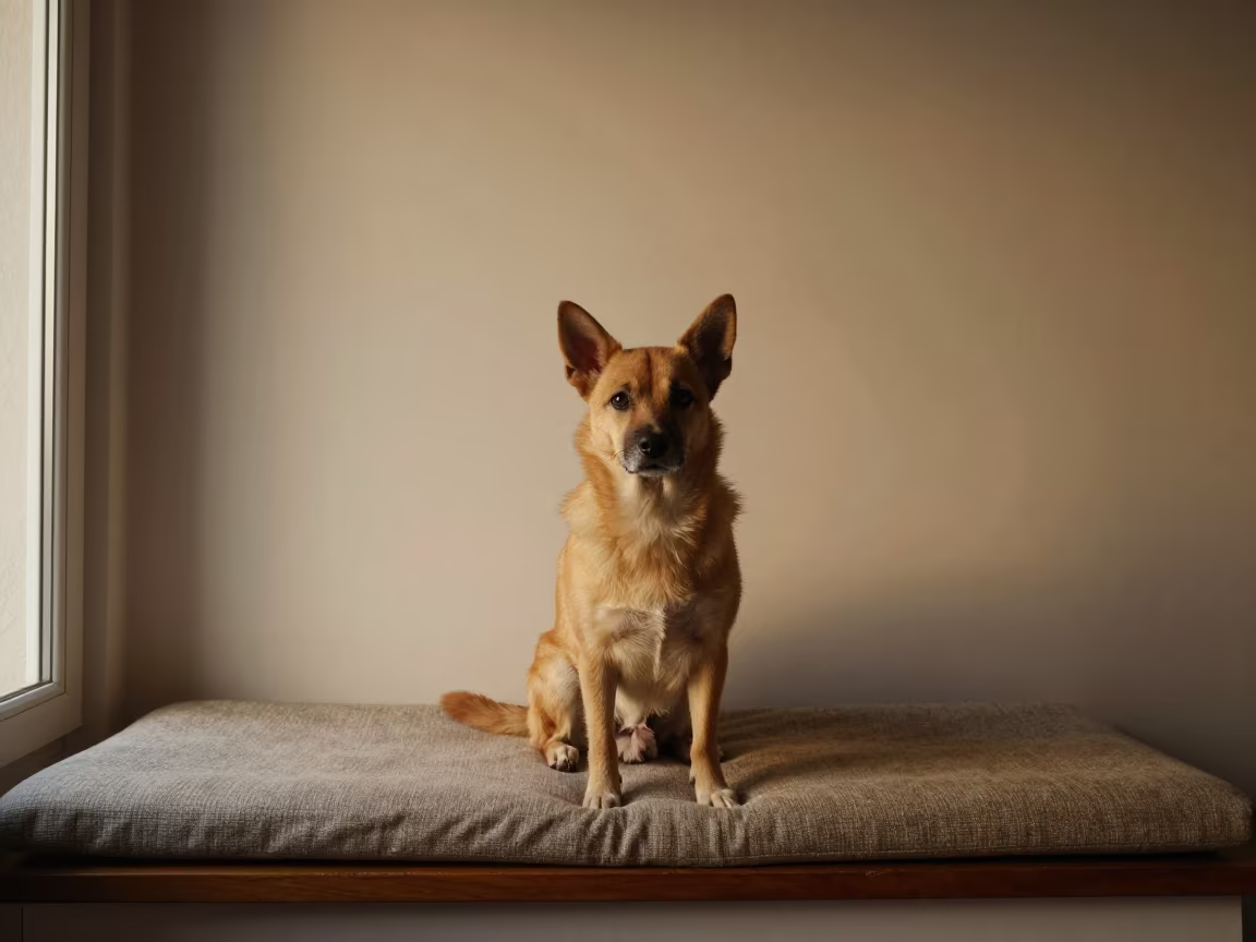 Carolina Dog Portrait on Window Seat in Trujillo in on a cushioned window seat with soft side light and an uncluttered background in Trujillo