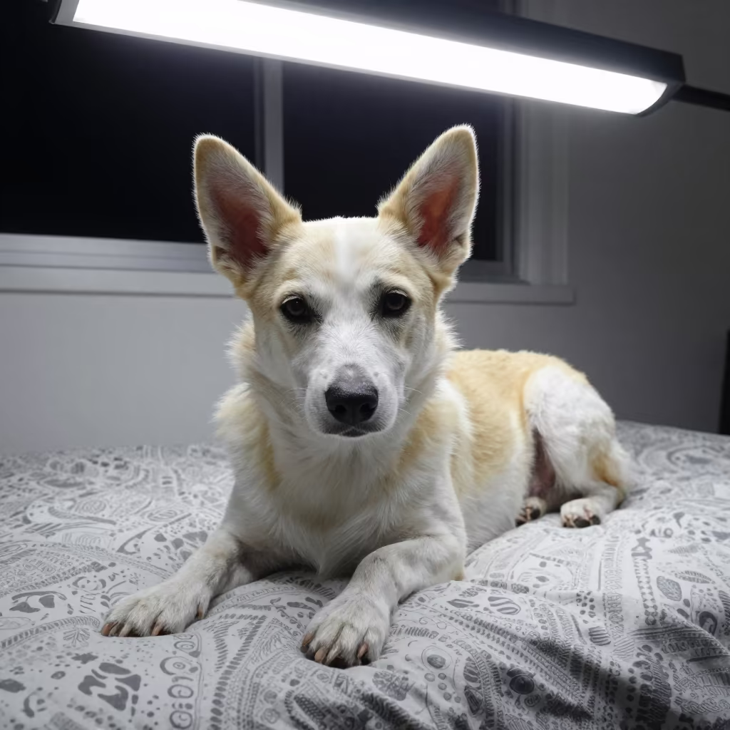 Carolina Dog Resting on Bedspread Near Window in on a bedspread near a bright window with calm indoor light in Bhopal