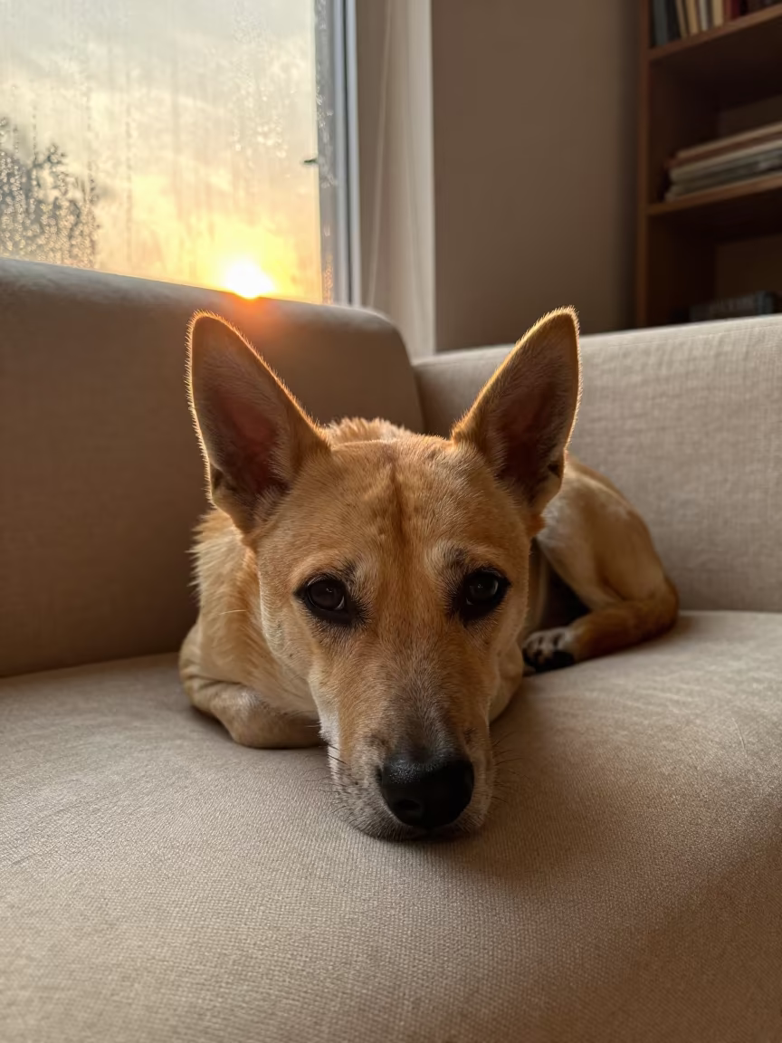 Carolina Dog Resting on Linen Sofa in on a linen sofa with daylight from a nearby window near Bangalore