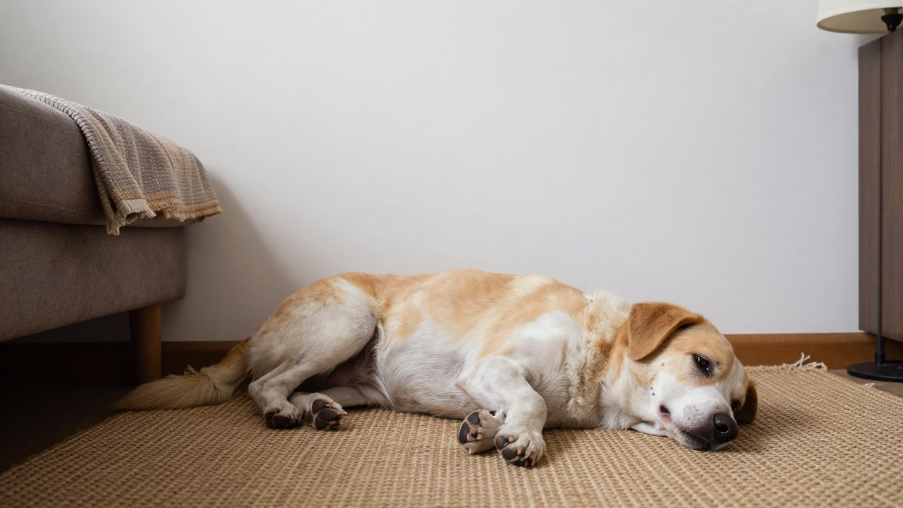 Carolina Dog Resting on Rug Near Tripoli Couch in on a woven rug beside a low couch and an uncluttered wall near Tripoli