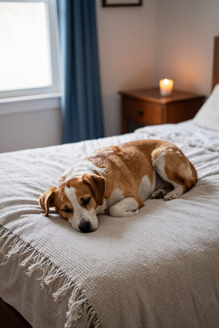 Carolina Dog Resting on Salvador Bedspread Near Window in on a bedspread near a bright window with calm indoor light in Salvador