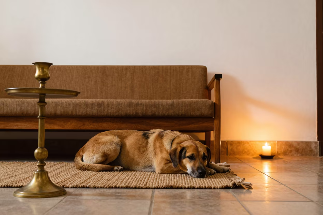 Carolina Dog Resting on Woven Rug at Golden Hour in on a woven rug beside a low couch and an uncluttered wall in Guadalajara