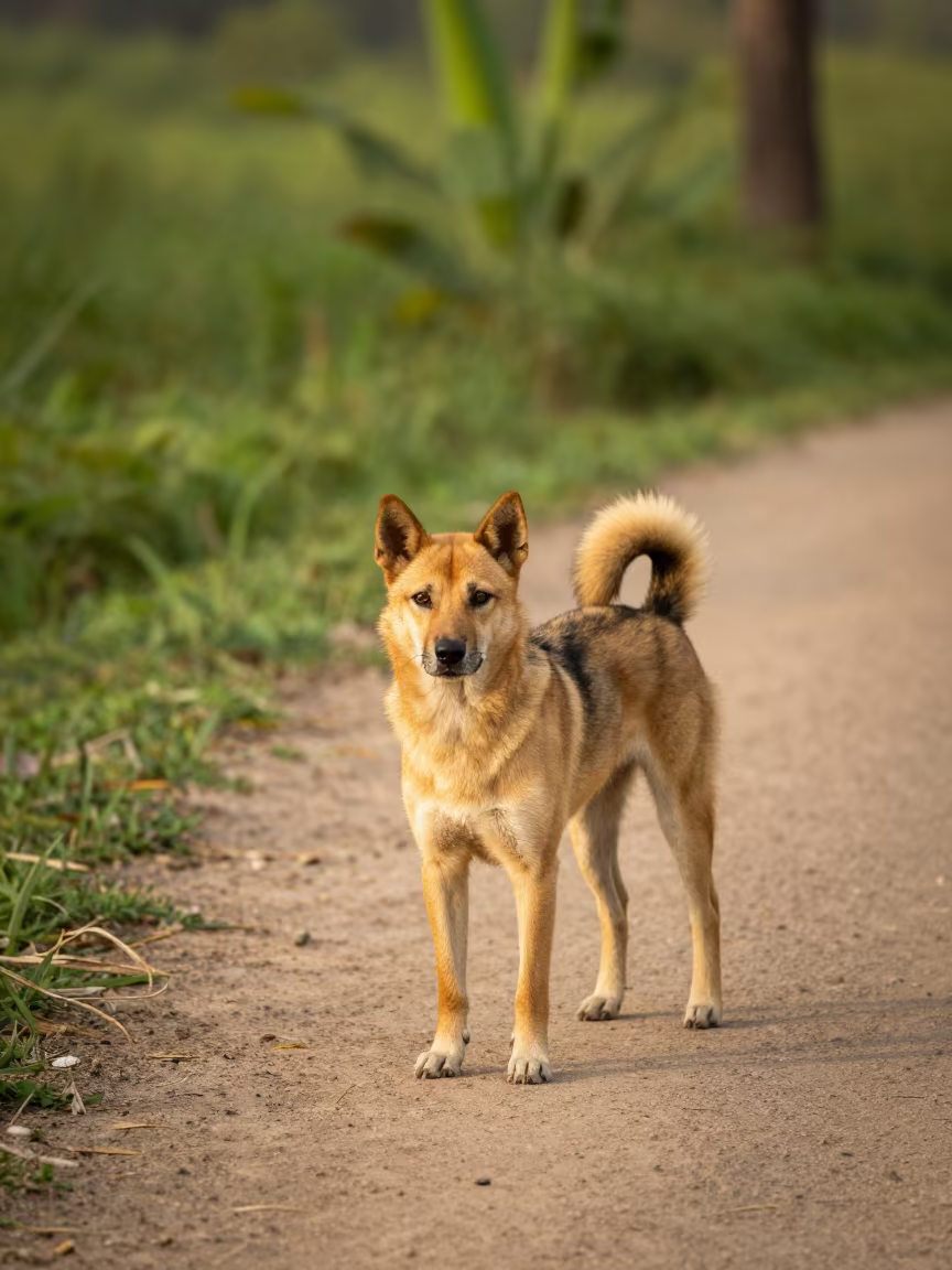 Carolina Dog Stands on Park Path Near Garden Edge in near a garden edge with soft morning light and an uncluttered background in Vehari