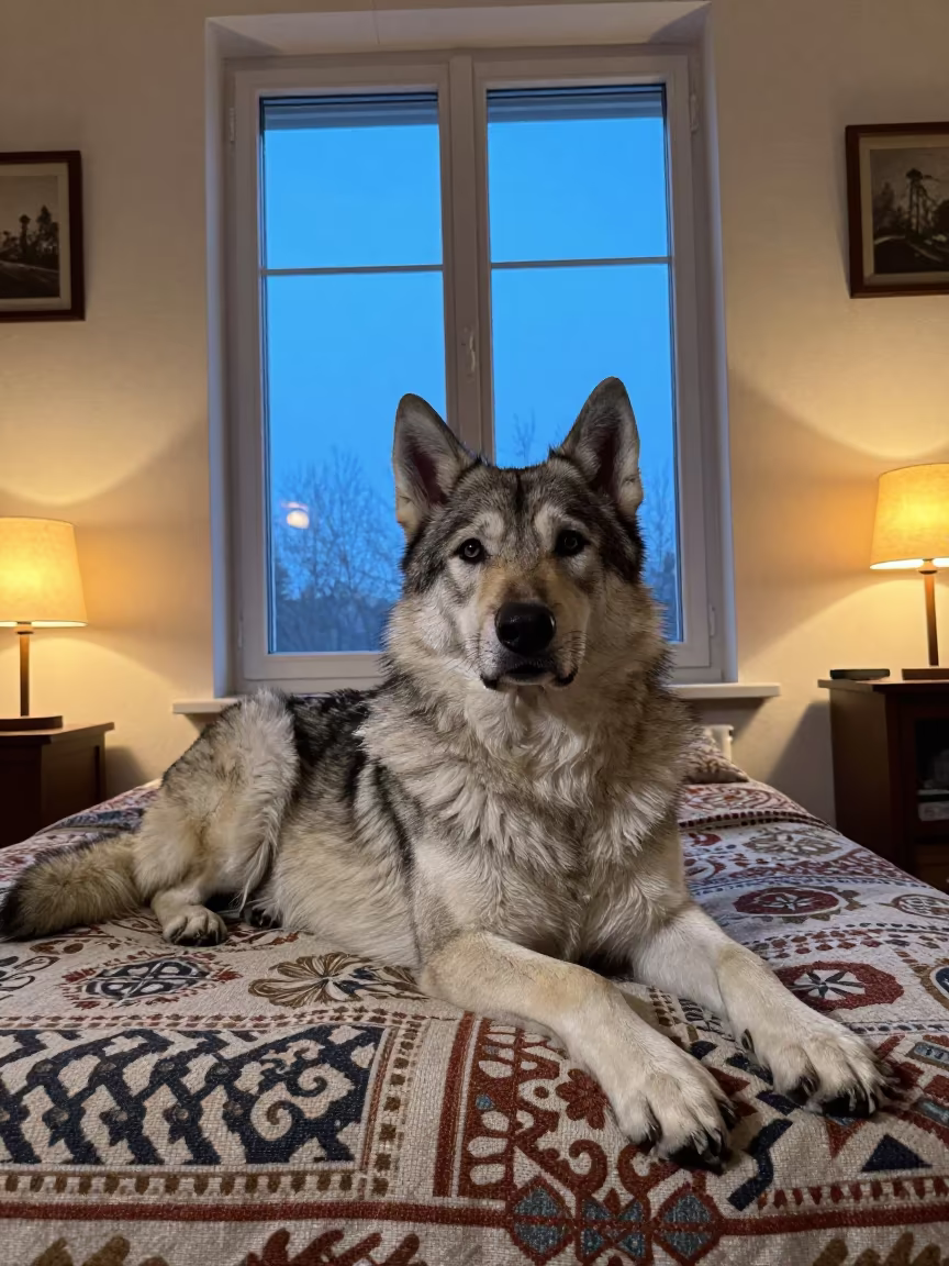 Carpathian Shepherd Dog Resting on Bedspread in on a bedspread near a bright window with calm indoor light near Grassmarket, Edinburgh